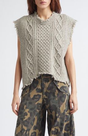 R13 Distressed Cable Stitch Wool Blend Boyfriend Sweater Vest in Light Heather Grey Tweed at Nordstrom, Size X-Small