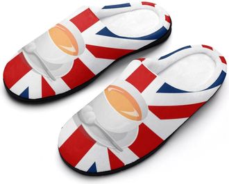 Generic British Flag With Tea Funny Mens Cotton Slippers Soft Non-Slip Rubber Sole House Slipper Indoor Outdoor