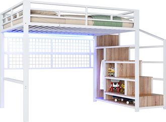 STILVORA Cama Alta 140 X 200 Cm Con Armario, Escalera De Almacenamiento Y Led 7 Colores, Sin Colch&oacute;n, De Metal, Blanco