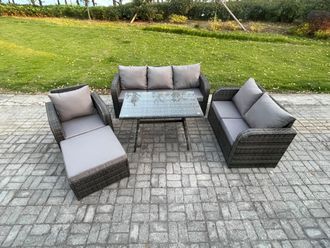 Fimous Outdoor Rattan Garden Furniture Set 7 Seater Patio Lounge Sofa Set with Dining Table Big Footstool Dark Grey Mixed