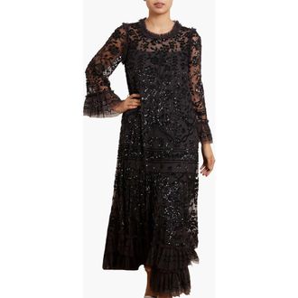 Needle & Thread Celia Long Sleeve Ankle Gown in Graphite at Nordstrom, Size 16