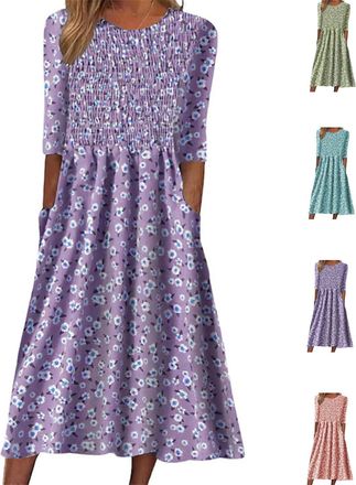 Generic Summer Dresses for Women, Elastic Ruched Floral Print Midi Dress with Pockets, Vacation Short Sleeve (Light Purple,XXL)
