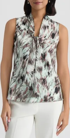 Kasper Abstract Print Tie Neck Sleeveless Top in Sea Glass Multi at Nordstrom, Size X-Large