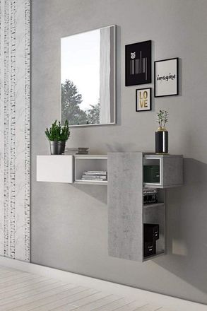 Dmora Meuble DEntr&eacute;e Avec Miroir, Entr&eacute;e Pour Hall Avec Tiroir, Vide-poche Pour Petits Appartements, Cm 100x27h155, Couleur Ciment Et Blanc - Dmora