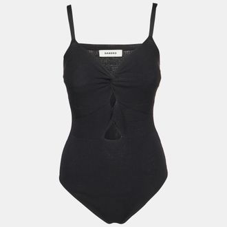 Sandro Black Ribbed Knit Cut-Out Bodysuit Top
