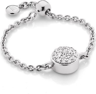 Monica Vinader Sterling Silver Fiji Mini Button Adjustable Friendship Diamond Ring Diamond