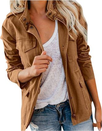 Generic Womens Jacket Ladies Utility Parka Jacket Lightweight Military Cargo Style with Stand-Up Collar Multi Pockets Casual Outdoor Combat Anorak for Autumn 