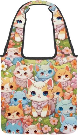 Generic Cute Cartoon Kitten Reversible Canvas Shoulder Tote - Double-Sided Print, 12oz Cotton, 27cm Drop, Fold-Flat Bag for Travel, Shopping, Street Outings