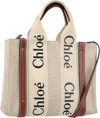 Chlo&eacute; Woody Convertible Tote Canvas With Leather Beige Canvas Handbag (Pre-Owned)