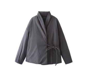 Generic Womens Street Style Cotton Outerwear, Double-Breasted Medium Thickness Casual Outerwear Gray