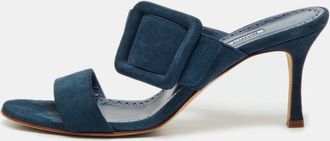 Manolo Blahnik Teal Blue Suede Gable Slide Sandals