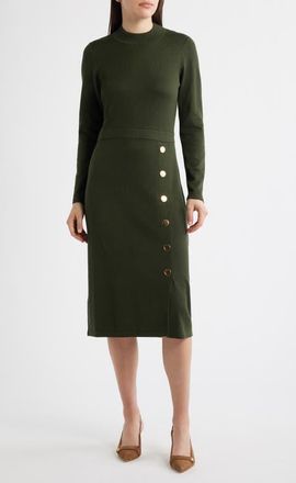 Julia Jordan Button Mock Neck Long Sleeve Midi Dress in Deep Forest at Nordstrom, Size X-Large
