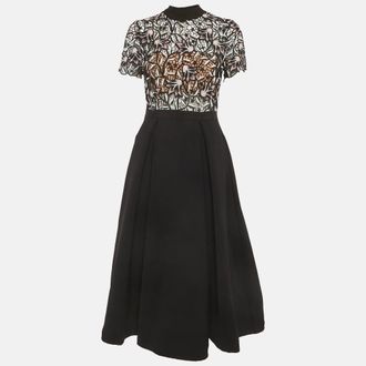 Self Portrait Black Lace Trim Crepe Nightshade Midi Dress