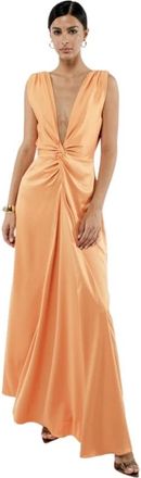 Actualee Kleedjes, Dames, Oranje, L, Oranje Mouwloze Lange Jurk met V-hals