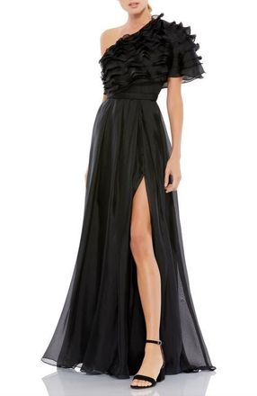 Mac Duggal Ruffle Layered One Shoulder Gown in Black at Nordstrom, Size 4