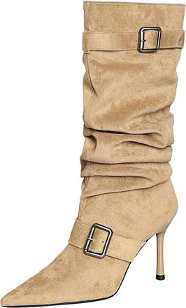 Generic High Boots Women Sexy Pointed Toe Fashion Pleats Slouch Long Tall Boots 9CM Faux Suede Work Office (Khaki,5.5)