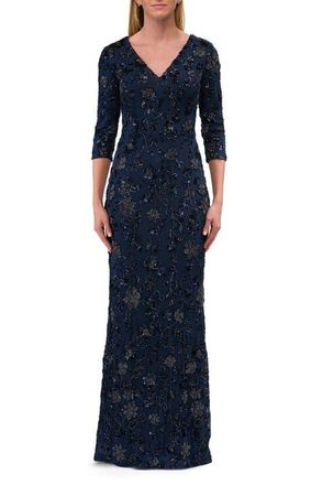 La Femme Stunning Beaded Stretch Net Jersey Gown in Navy at Nordstrom, Size 10