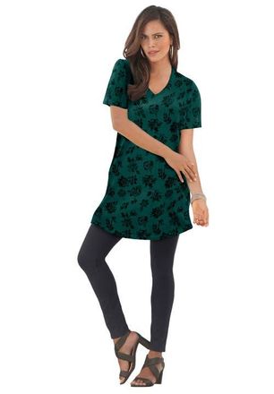Roaman's Plus Size Ultimate Cotton V-Neck Short Sleeve Tunic in Emerald Flower Print at Nordstrom, Size 1X