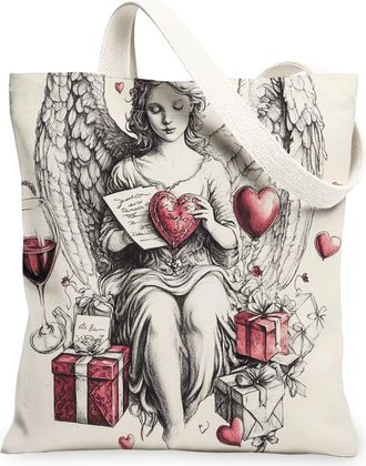 Generic Romantic Valentines Day Angel Canvas Tote Bag for Shopping 13x15, Fun Watercolor Love Heart Reusable Grocery Print Pattern Bag for Women, Holiday Beac