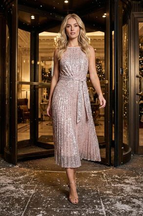 Roman Sequin Pleated Midi Dress