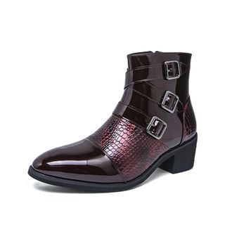 Generic Mens Patent Leather Chelsea Ankle Boots with Zipper and Buckle Fashion Pointed Toe High Top Motorcycle Combat Boot Comfortable Casual Business Chukka 