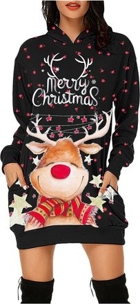 Generic Christmas Sweatshirt for Women Ugly Christmas Sweater Oversize Pullover Hooded Sweatshirt Reindeer Santa Jumper Dress Fun Family Jumper for Women UK