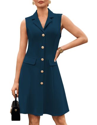Grace Karin Womens Elegant Sleeveless Dresses Summer Lapel Collar Solid Color A-Line Casual Formal Dresses S Peacock Blue