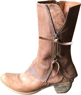 Generic Winter Fashion Retro Chunky Heel Mid Calf Boots for Women with Breathable Comfort and Side Zipper Design (Brown, 6)