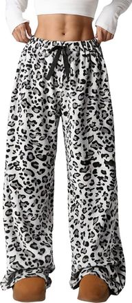 Generic Palazzo Pants for Women,Leopard Print Pyjamas Bottoms Women Flannel Pajama Pants Wide Leg Baggy Trousers Pattern Oversized Drawstring Hipster Streetwe