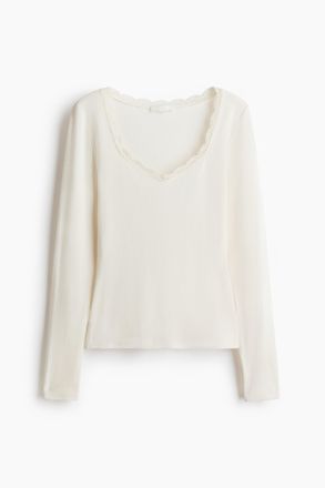 H&M Geripptes Jerseyshirt - White