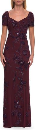 La Femme Beaded Floral Gown with Sweetheart Neckline in Dark Berry at Nordstrom, Size 6