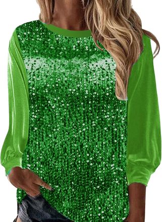 Generic Womens Y2K Sequin Long Sleeve Top, Sequin Tops for Women UK V Neck Solid Long Sleeve Pullover Blouses Ladies Satin Sleeved Sparkly Shimmer Shirt Elega