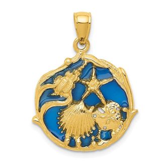Diamond2Deal 14k Yellow Gold Blue Enameled Shell Cluster Pendant