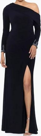 Betsy & Adam Chrishell Drop Shoulder Gown With Long Embellished Sleeves In Black/silver