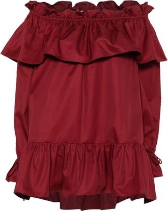 Saint Laurent Off-Shoulder Mini-jurk met Ruches - Dames - Korte kleedjes - Rood - XS - Katoen - Kleedjes