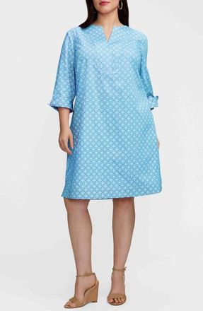 Foxcroft Vena Geo Lattice Print Cotton Shift Dress in Blue/White at Nordstrom, Size 3X