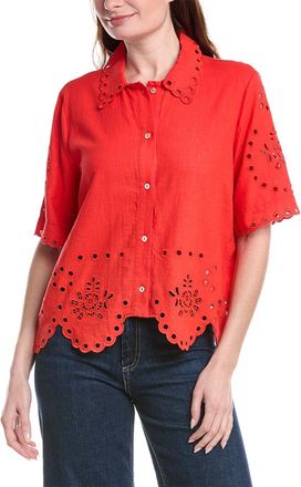 Alberta Ferretti Scallop Hem Button Front Linen-Blend Top