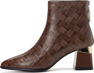 TinaCus Embossed Genuine Leather Womens Pointed Toe Mid Chunky Heels Back Zipper Handmade Ankle Boots, Dark Brown, 8 UK