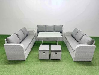 Fimous 11 Seat PE Rattan Garden Furniture with Side Table 2 Small Stools in Light Grey
