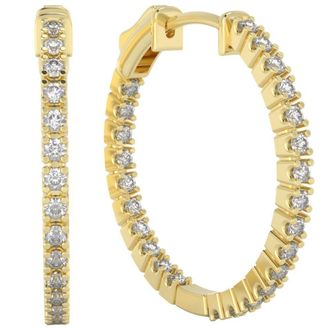 Pompeii3 1 Ct Diamond Inside Outside Hoops Lab Grown Earrings Yellow Gold 1Tall