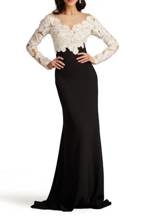 Tadashi Shoji Floral Lace Bodice Mixed Media Long Sleeve Gown in Ivory/Black at Nordstrom, Size 14