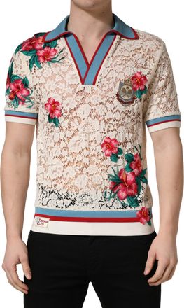 Dolce & Gabbana Beige Floral Tennis Club Lace Polo Mens T-shirt