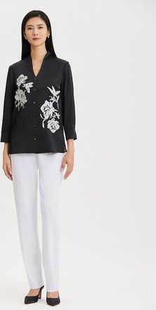 Misook Embroidered Crepe de Chine Blouse in Black/new Ivory at Nordstrom, Size Xx-Large