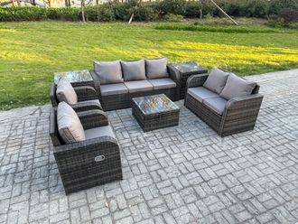 Fimous 7 Seater Garden Furniture Set Rattan Outdoor Lounge Sofa Chair With Tempered Glass Table 2 Side Tables Dark Grey Mixed