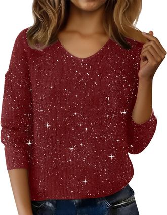 Generic Sparkly Tops for Women UK, Sequin Print 3/4 Sleeve Blouse, Crewneck Pullover Glitter Knitted Sweater Spring Plus Size Undershirt Loose Classic Jumpers