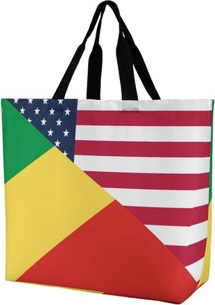 Generic U.s. And Congo Flag Reusable Shopping Bags Large Capacity Grocery Bag Heavy Duty Tote for Women 40x40x16cm