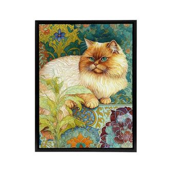 Artery8 Persian Cat With Floral Pattern Framed Canvas Wall Art Print | Size: W24 x H32