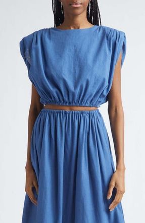 Toccin Sirelle Cap Sleeve Linen Blend Shirt in Ocean at Nordstrom, Size Small