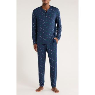 Eberjey Henry Print Jersey Long Pajamas in Forest Pine Navy at Nordstrom, Size Medium