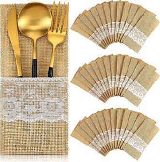 OEM Bolsitas De Yute Para Cubiertos Con Encaje, 10,5 X 22,5 Cm - 50 Unidades - Decoraci&oacute;n De Mesa Para Bodas, Cumplea&ntilde;os, Navidad Y Pascua